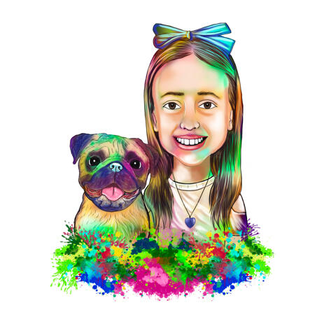 Kid with Pugby Caricature Portrait from Photos in Watercolor Style - example