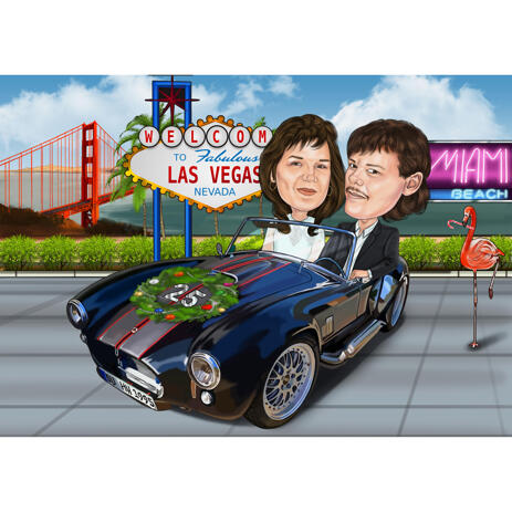 Anniversary Couple Caricature in Car and Custom Background - example