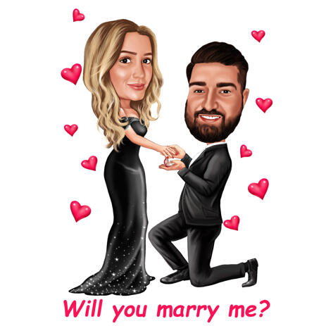 Will You Marry Me Caricature of Couple in Romantic Color Style - example
