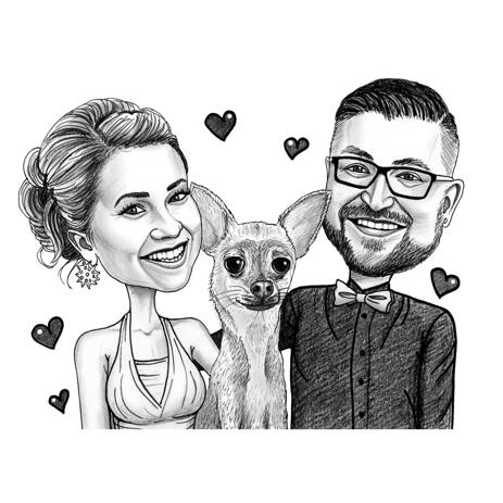 Couple with Chihuahua Caricature Hand Drawn from Photos in Black and White Pencil Style - example