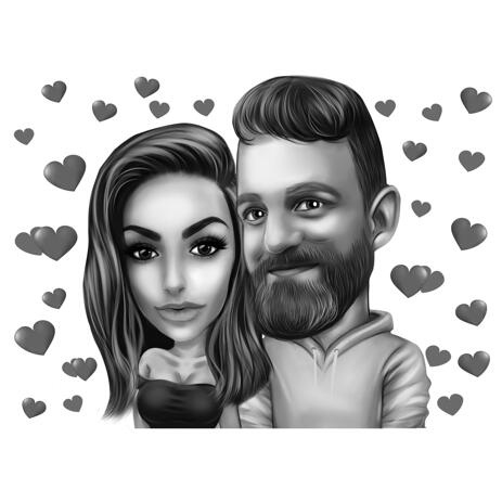 Head and Shoulders Black and White Couple Caricature with Hearts in the Background - example
