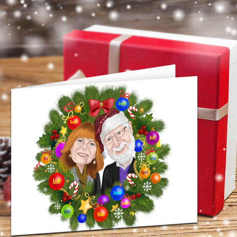 Couple in Wreath Colored Caricature Set of 10 Greeting Christmas Cards - example