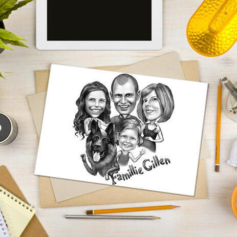 Poster Print: Family with Pet Caricature in Black and White Style - example