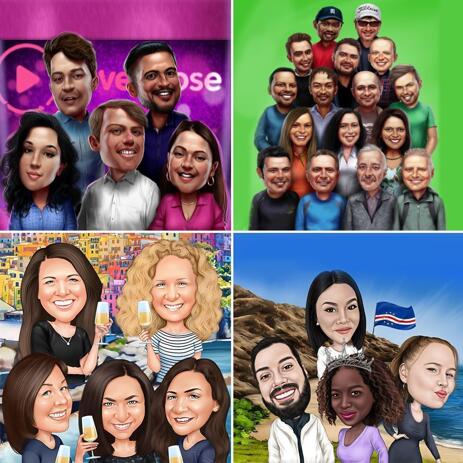 Group Caricature Portrait in Color Style with Custom Background - example
