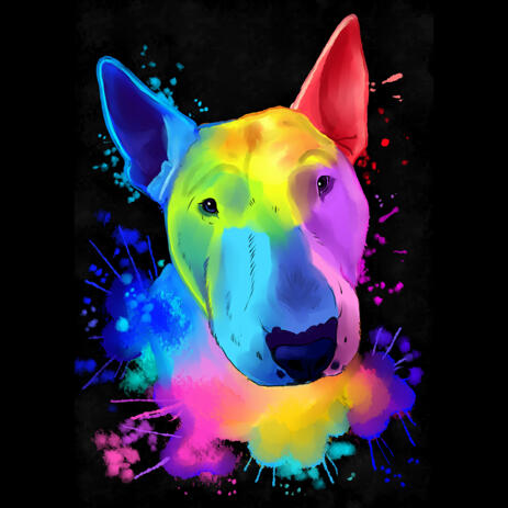 Watercolor Rainbow Bull Terrier Caricature Portrait on Black Background - example