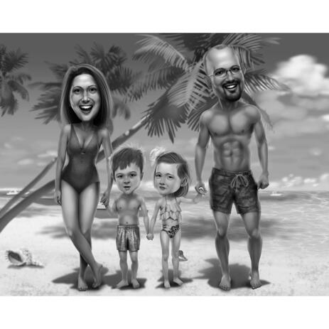 Family on Vacation - Black and White Caricature on Custom Background - example