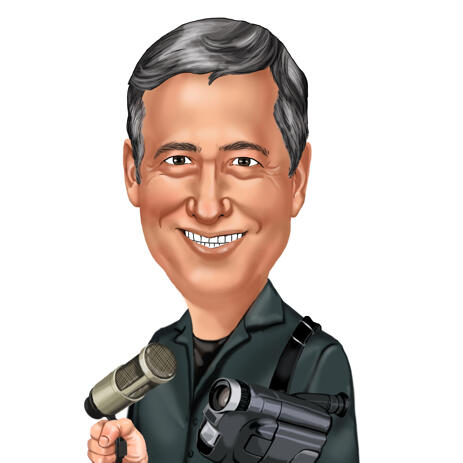 Man with Camera Colored Style Head and Shoulders Caricature Portrait for Custom Cameraman Gift - example
