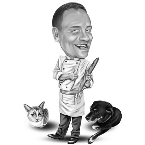 Black and White Owner with Pets Caricature from Photos - example