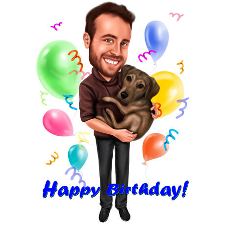 Full Body Caricature of Person with Pet Hand-Drawn from Photos for Brother Natal Day Gift - example