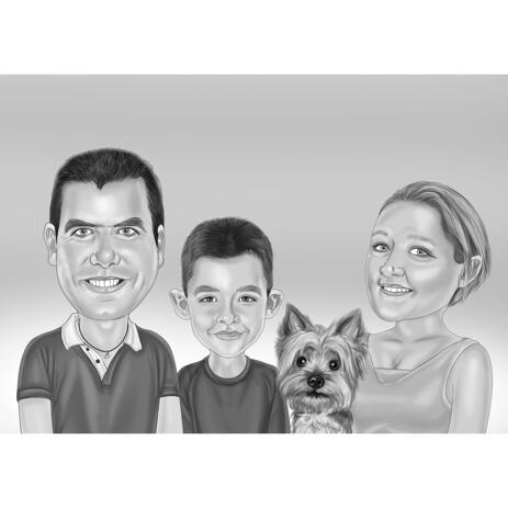 Family with Pet Cartoon Portrait in Black and White Style with Background - example
