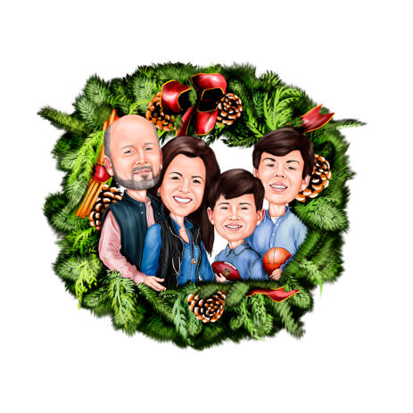 Family with Kids in Christmas Wreath Caricature from Photos - example