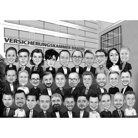 Corporate Group Caricature in Black and White Style with Company Background - example