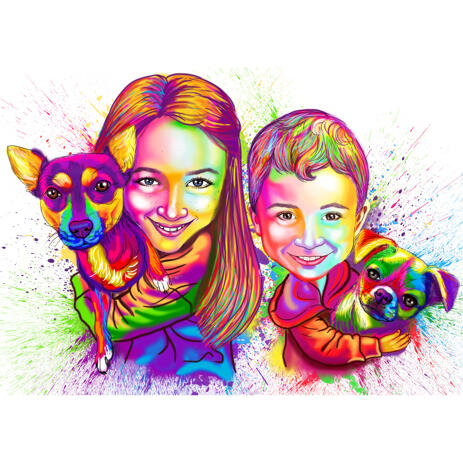 Watercolor Boy and Girl Kids with Pets Caricature Portrait from Photos - example
