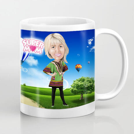 Custom Print on Mug: Colored Digital Woman Cartoon Drawing for Mother's Day Gift - example