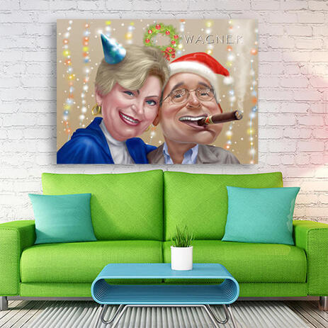 Canvas Print - Funny Christmas Couple Caricature Gift Hand Drawn from Photos - example