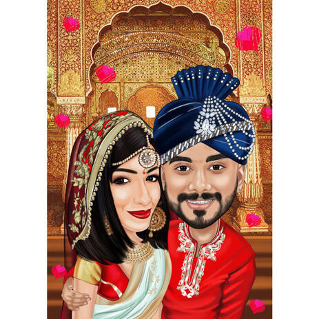 Indian Bollywood Head and Shoulders Couple Drawing Caricature from Photos with Custom Background - example