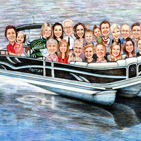 Group on Boat Caricature Drawing - example