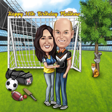 Sport Lovers Couple Full Body Caricature with Custom Background from Photos - example