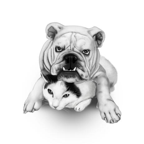 Dog Defender and Cat Cartoon Caricature from Photos in Black and White Style - example