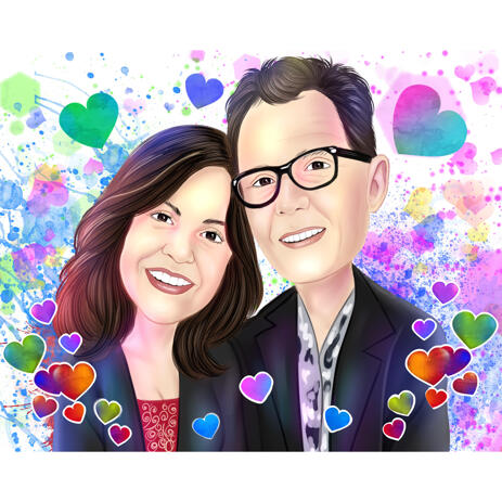 Happy Valentine's Day Couple Caricature with Romantic Watercolor Style Background - example