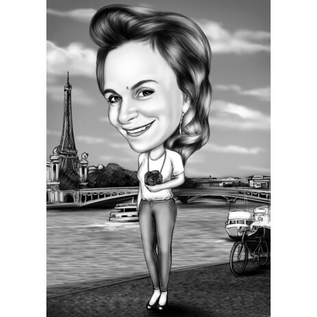 Black and White Photographer Caricature in Exaggerated Style with Custom Background - example
