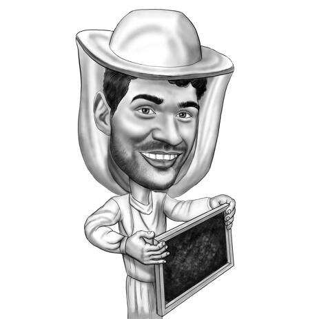 Beekeeper Caricature Hand Drawn from Photo in Black and White Style for Apiarist Gift - example