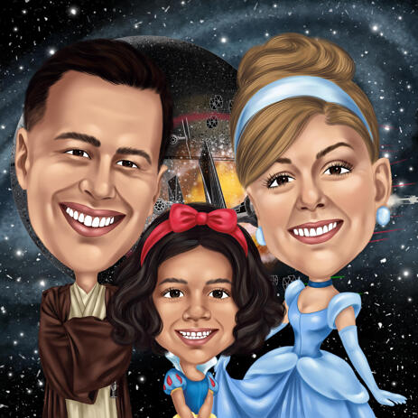 Fully Customized Family Caricature with Any Different Movie Characters from Photos - example