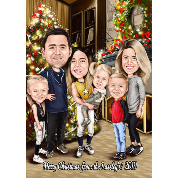 Family Christmas Caricature With Home Background