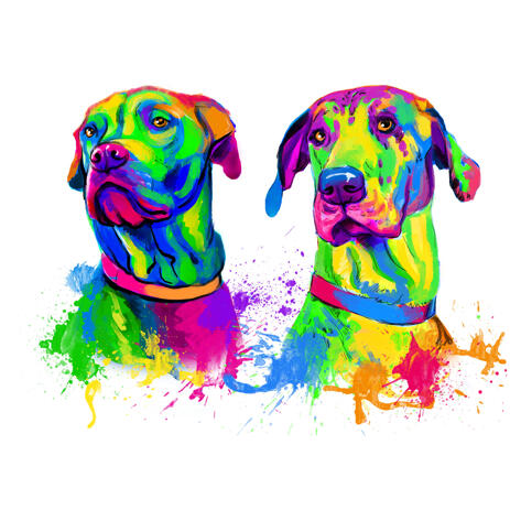 Couple of Proud-Hearted Great Dane Dogs Caricature Portrait in Rainbow Watercolor Style - example