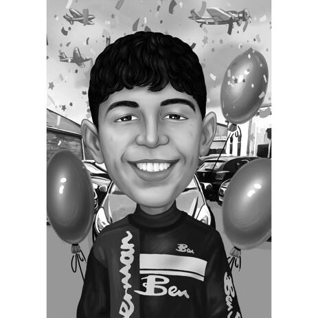 Birthday Gift Idea - Caricature for Boy in Black and White Style with Custom Background - example