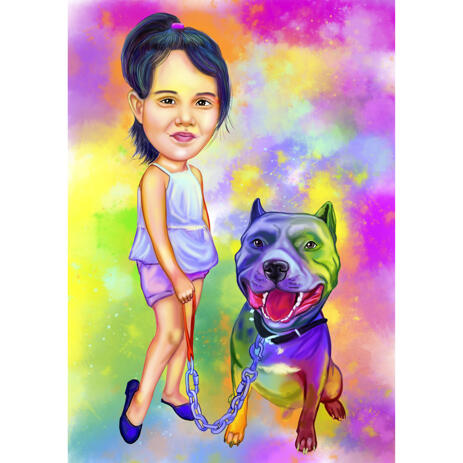 Full Body Owner with Pet: Watercolor Rainbow Portrait with Background - example