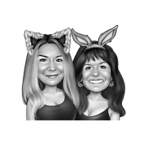 Sisters Caricature Cartoon from Photos in Black and White Digital Style - example