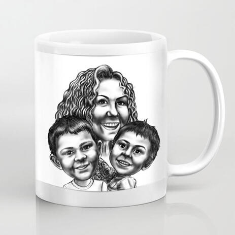 Mother with Sons Black and White Caricature from Photos Printed on Mug - example