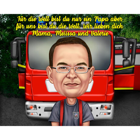 Firefighter Caricature in Color Style with Fire Engine in the Background - example