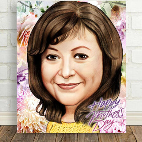 Printed Caricature on Canvas: Drawing of Photo in Caricature Style in Mother's Day Theme - example