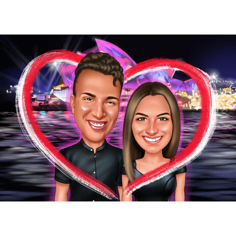 Couple in Heart Valentines Day Caricature Gift with Romantic Night Background - example