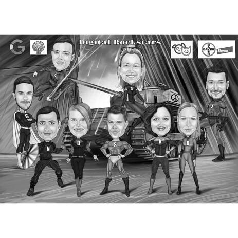 Company Group Superheroes Caricature in Black and White for Corporate Gift - example