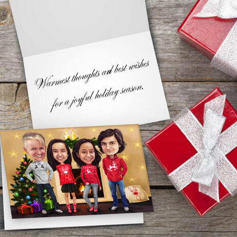 Company Group Set of 10 Caricature Cards Gift in Color Style with Christmas Tree Background - example