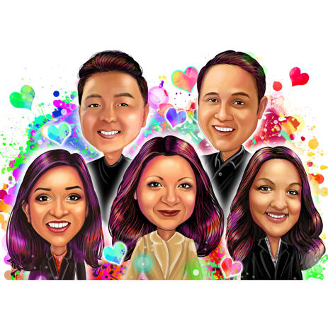 Friend Group Watercolor Style Caricature Portrait from Photos - example