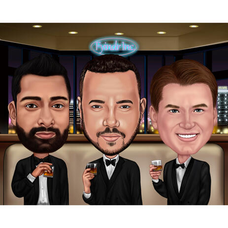 Colored Style Businessman Group Caricature with Whiskey in a Restaurant - example
