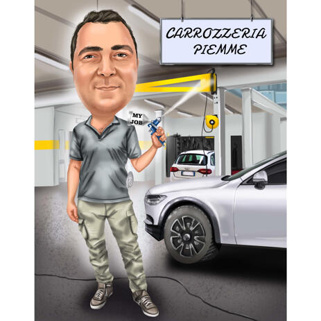Professional Car Washer Vehicle Cleaning Caricature with Custom Background from Photos - example