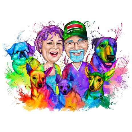 Couple with Mixed Dog Breeds Caricature in Bright Rainbow Watercolor Style from Photos - example
