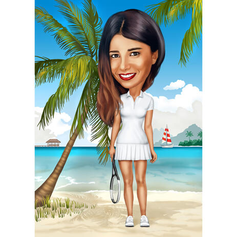 Tennis Girl Colored Caricature with Beach Background from Photos - example