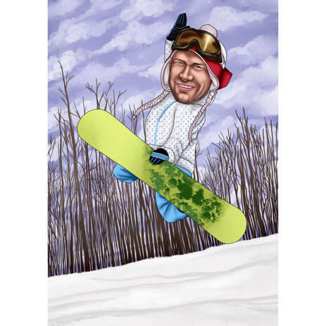 Custom Snowboard Person Portrait Caricature from Photos for Snowboarding Sport Fans - example