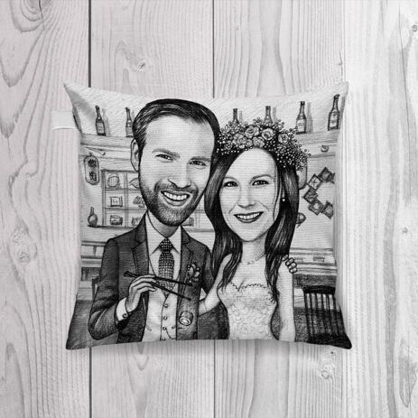 Just Married Caricature Printed as Pillow - example