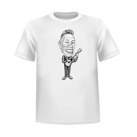 Man with Guitar Caricature Printed on T-Shirt for Music Lovers Gift - example