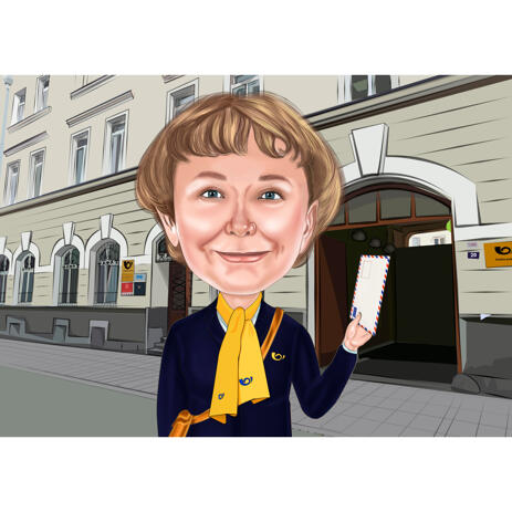 Mail Carrier Woman Caricature from Photo with Post Office Background - example