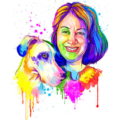 Person with Great Dane Watercolor Cartoon Portrait from Photos - example