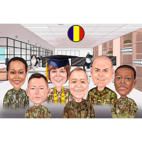 Military Group Caricature in Colored Style with Custom Background - example