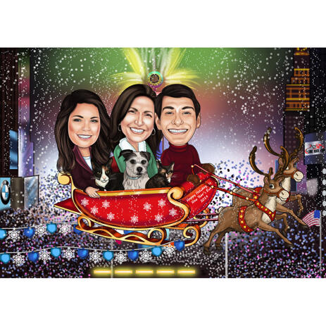 Family with Pets Christmas Caricature in Santa's Sleighs - example